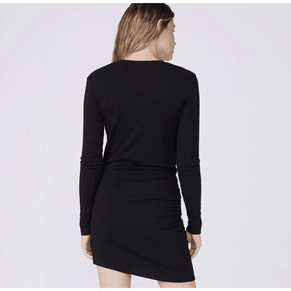 MONROW Supersoft Black V Neck Long Sleeve Tie Waist Ruched Mini Dress Small - Picture 2 of 10